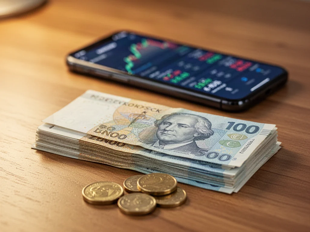 Stos czeskich banknotów i monet na drewnianym stole w tle z aplikacją do przeliczania walut na smartfonie.